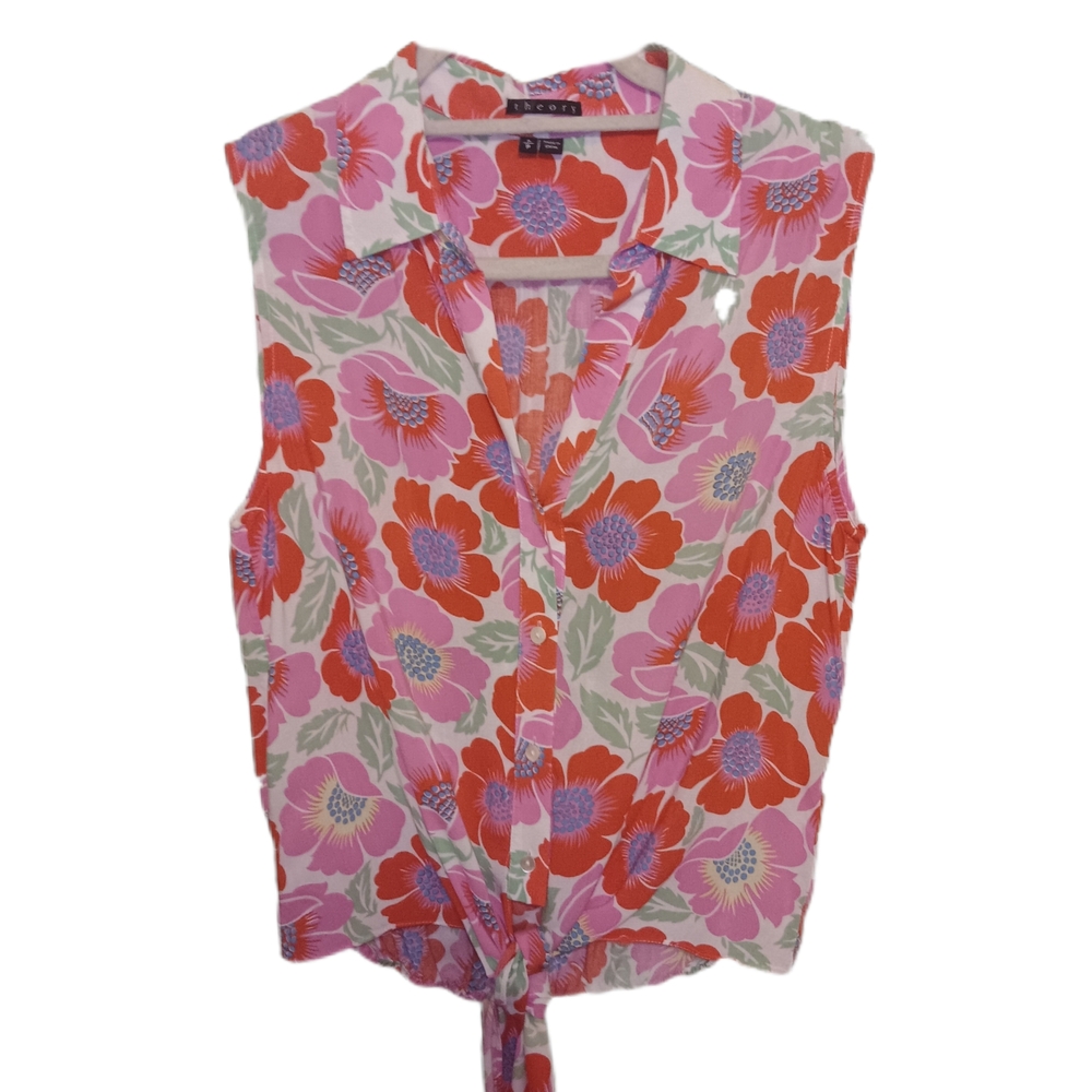 Theory Red and Pink Floral Tie-Front Blouse
